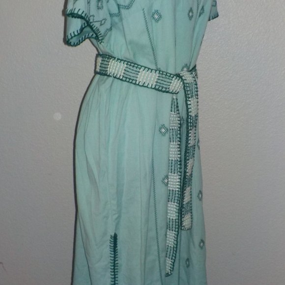 ZARA MS SIZE SMALL LIGHT GREEN / TEAL EMBROIDERED BELTED WAIST CAFTAN DRESS - Picture 9 of 13